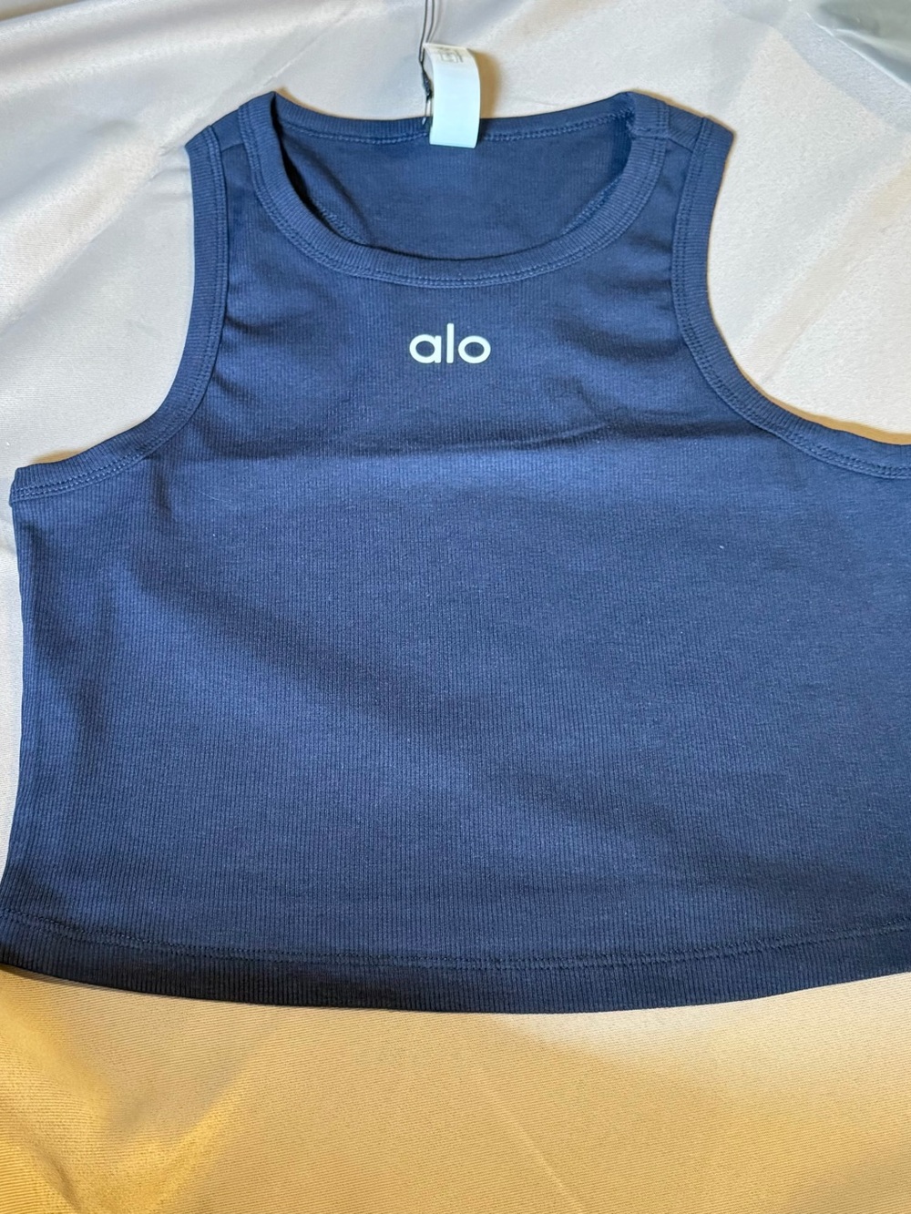 ALO Yoga Kids Navy Ribbed Tank with White Logo